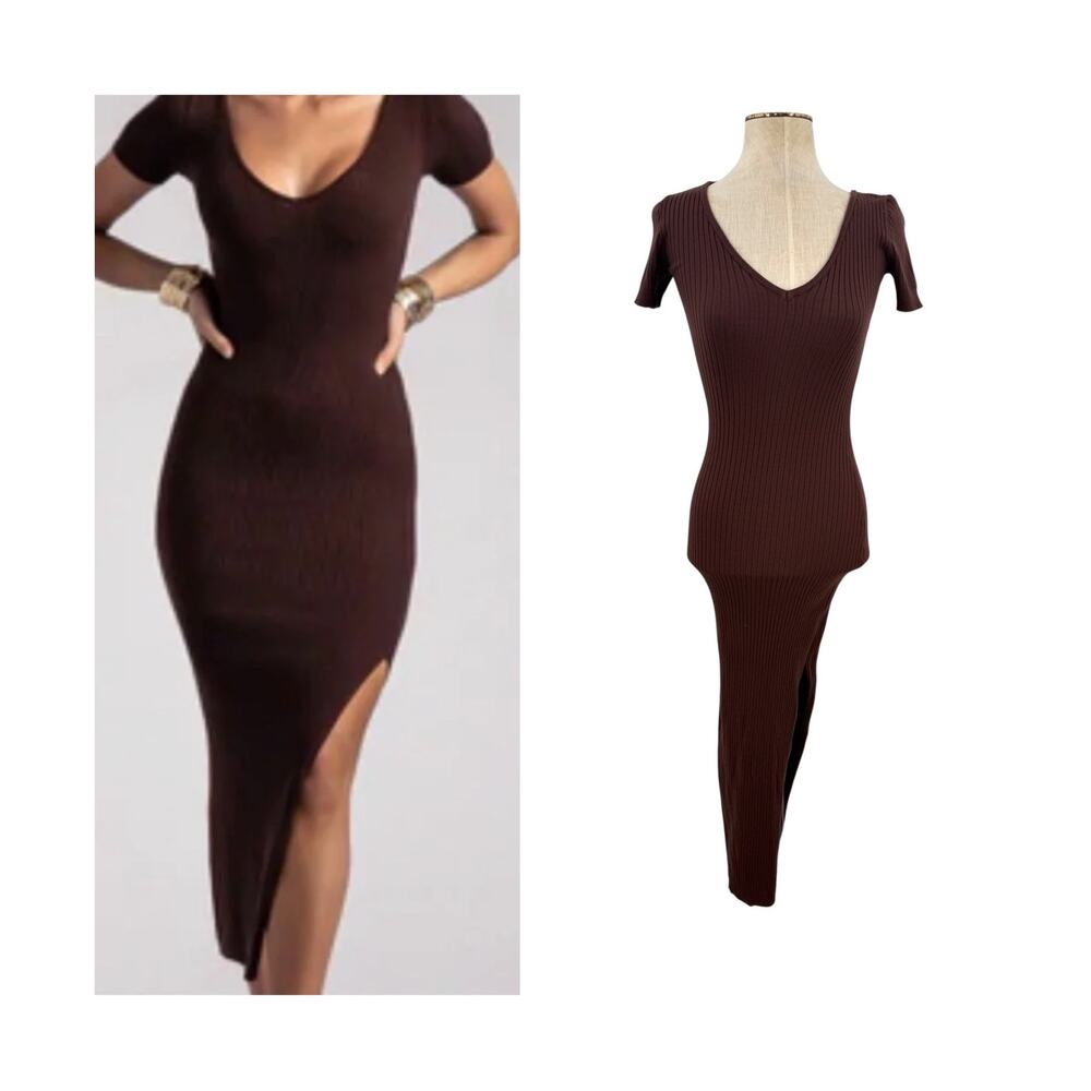 MESHKI Nina Ribbed Knit V Neck Short Sleeve Bodycon Midi Dress Chocolate Size XS